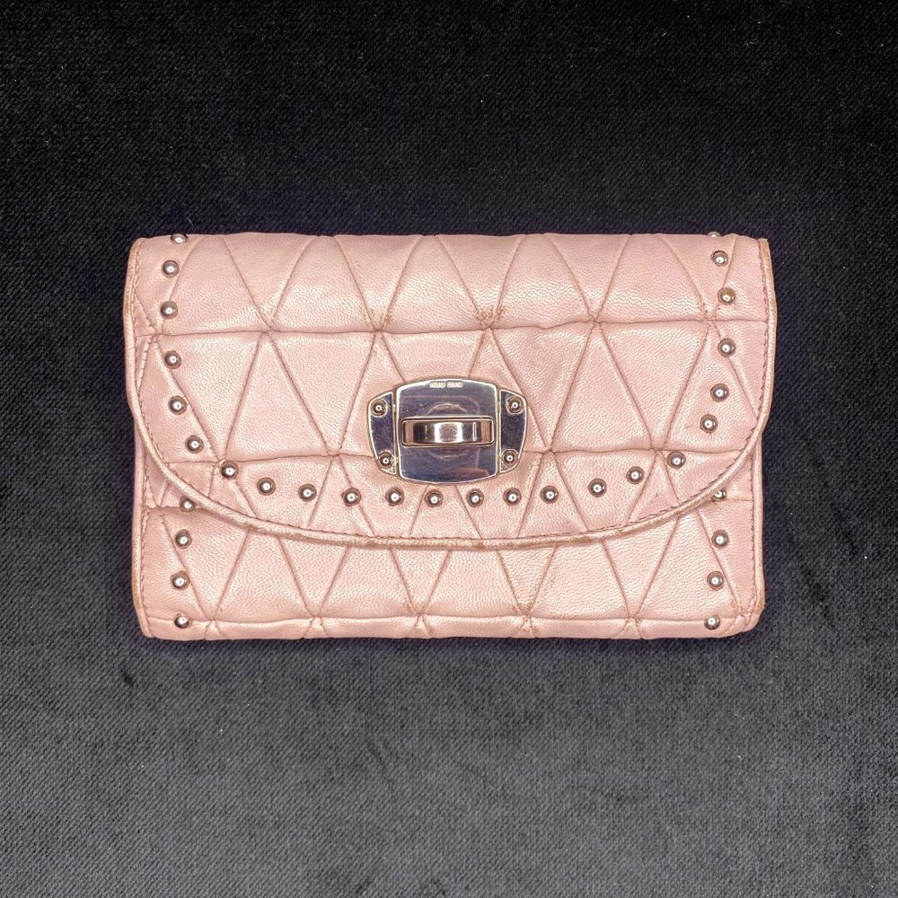 Miu Miu Nappa Leather Geometric Quilted Studded Turnlock Trifold Wallet